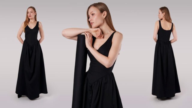 6 Inspirasi Long Dress Elegan agar Tampil Anggun 7 Cotton Sateen Fashion Fabric Valentina V Waist Dress Model Photo H03